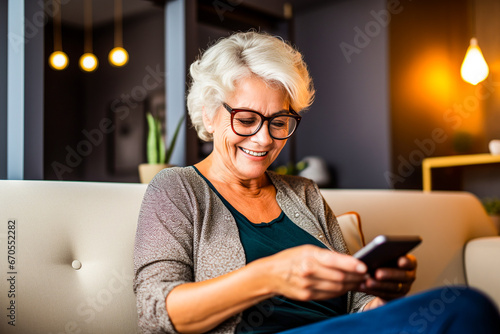 Femme senior utilisant son téléphone portable et souriant