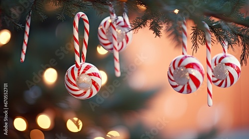  a christmas ornament hanging from a tree with candy canes hanging from it's branches in front of a blurry background. generative ai