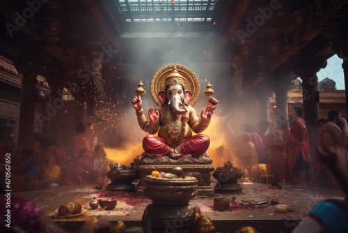 Ganesha statue with devotees in ritual setting