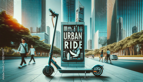 Urban Ride: 電動キックボードで都市を駆け抜ける、背後にそびえ立つ摩天楼