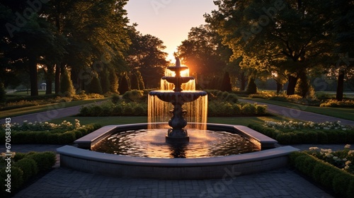 Dawn's first rays illuminating the cascading waters of a fountain set in the center of a freshly dewed lawn.