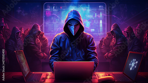 a mask and hood, illuminated by the glow of a laptop screen, with a backdrop featuring the emblem of a hacker group leading an anti-system rebellion against governments