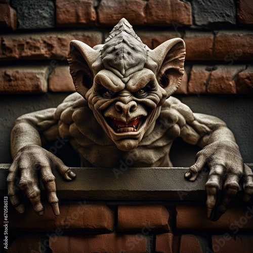 AI generated gargoyle ogre face hanging on a wall.
