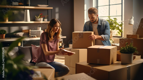 Young couple unpacks boxes with things in the apartment