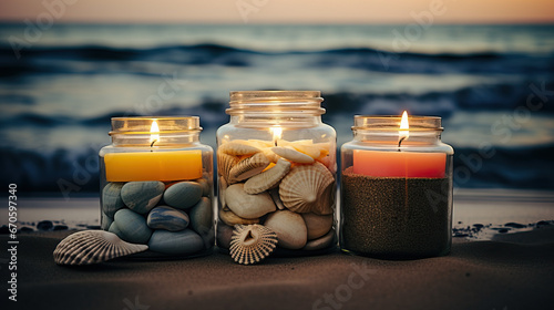 Candles and sea shells in jars at the beach created with Generative AI technology