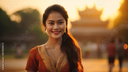 A beautiful young woman in Burmese national costume stands and smiles looking at the camera.
