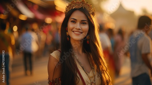 A beautiful young woman in Burmese national costume stands and smiles looking at the camera.