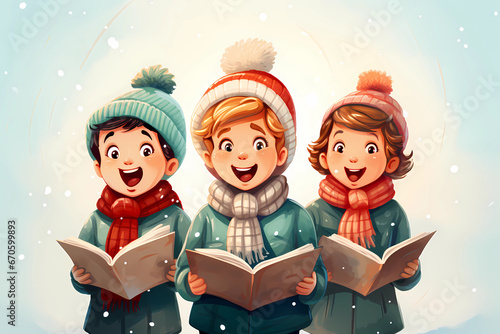 Children singing Christmas carols on a snowy day. Christmas carolers in winter clothes.