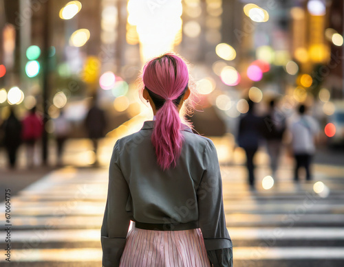 横断歩道を歩くピンクの髪の女性の後ろ姿
