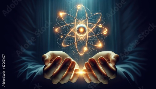 Ethereal depiction of quantum energy emanating from outstretched hands. The atomic orbits glow vibrantly, representing power, mystery, and the connection between science and spirituality.