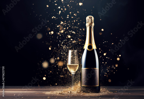 Bottle and glass of champagne with golden glitter a new year party
