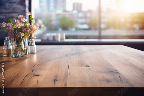 Wooden kitchen table with flowers in glass jars and blurred city background through the window with space to place product and text