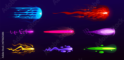 Vector cartoon illustration set of blasters laser or plasmic beams, cosmic shoots, objects for the game sooting, cartoon illustration set, color smoke