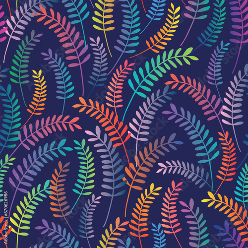 Vibrant colorful leaves seamless pattern on dark background