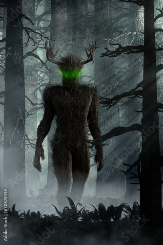 A leshy, leshii, or lesovik is a mythical creature from Slavic folklore, a forest spirit, often depicted as a tall man who resembles a tree.The leshy is said to lead travelers astray. 3d rendering