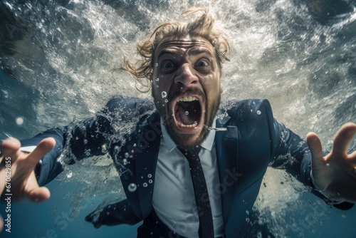 Scared businessman in a suit swimming underwater and looking at camera. Crisis concept, ai generative 