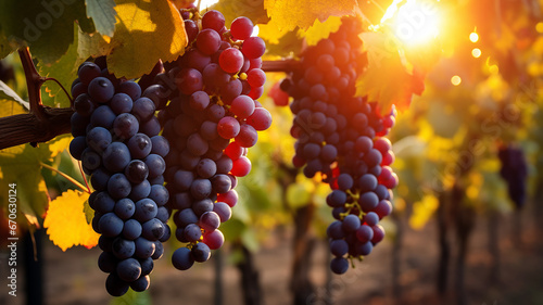 Vineyards at sunset in autumn harvest. Ripe grapes in fall. Bunch of ripe grapes on vineyards. Generative AI