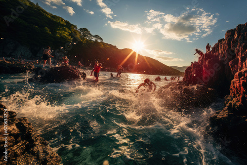 Playful friends enjoy a vibrant sunset by the ocean, splashing and swimming near rocky cliffs.