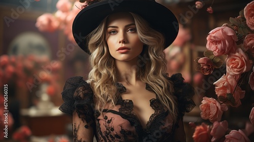 A woman with impeccable style donning a black hat adorned with a single rose, exuding confidence and elegance indoors