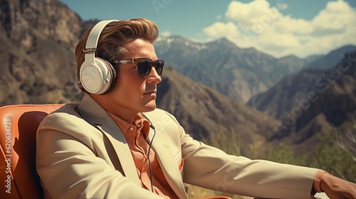 A stylish hiker conquers mountain, surrounded by clouds and vast outdoor landscape, with headphones and sunglasses to block out noise and immerse himself in wild beauty of the sky and nature