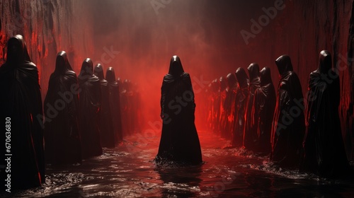 Silhouettes of a mysterious cult, cloaked in darkness and drenched in blood-red hues, wade through murky waters with an otherworldly intensity