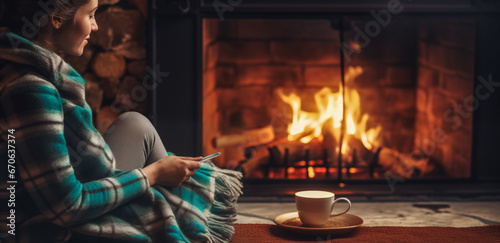 Young woman relaxing with warm cup of tea at modern fireplace. Cozy warm moments at winter. Young female resting 