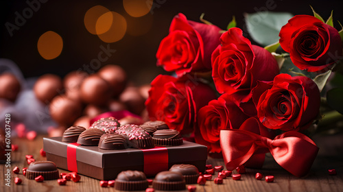 ramo de rosas rojas y chocolates regalos por el dia de san valentin y luces brillantes 