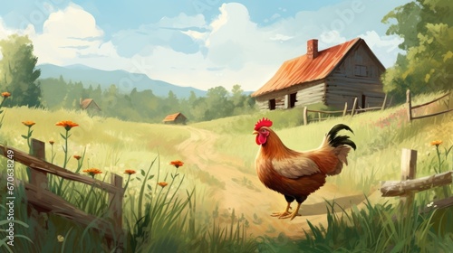 A chicken on a farm.