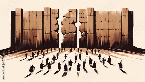 The Battle of Jericho. The walls of Jericho collapsing as the Israelites march around them. Vector illustration