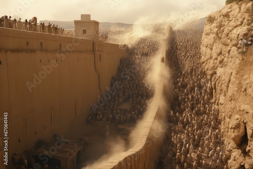 The Battle of Jericho. The walls of Jericho collapsing as the Israelites march around them.