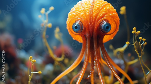 Orange alien octopus at sea. Octopus in the deep ocean.