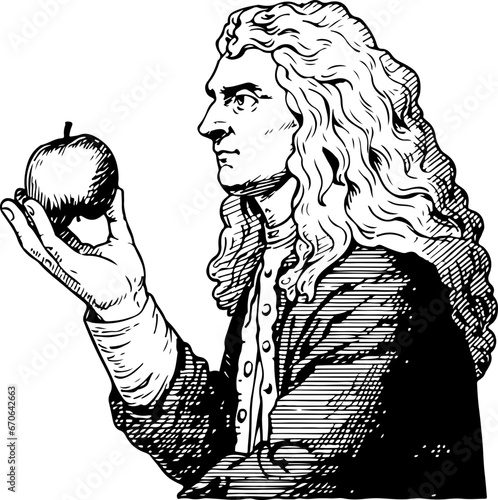 Cartoon character of Sir Isaac Newton looking at apple outline