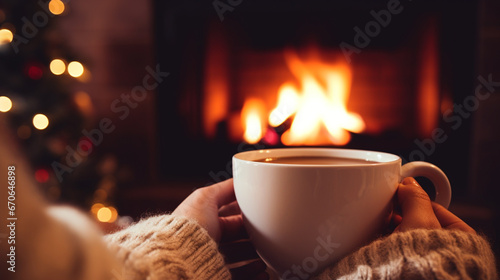 Woman with a cup of drink near the fireplace at home, close-up. Generative AI