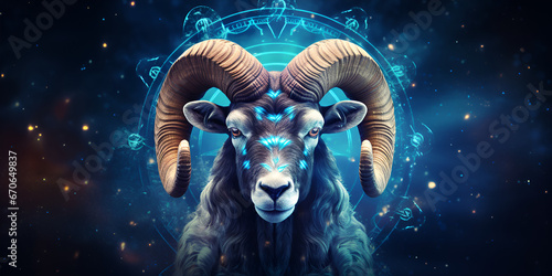 Astrology calendar Aries magical zodiac sign astrology Esoteric horoscope and fortune telling concept Aries zodiac in universe Zodiac sign of capricorn head with light in blue background 