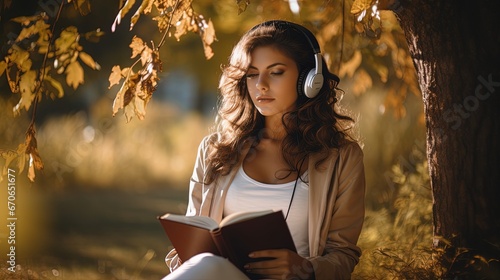 A beautiful woman is reading a book and listening to music under a tree, AI generative