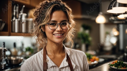 Close-up high-resolution image of a bright young chef working in her fancy kitchen. Generative AI.
