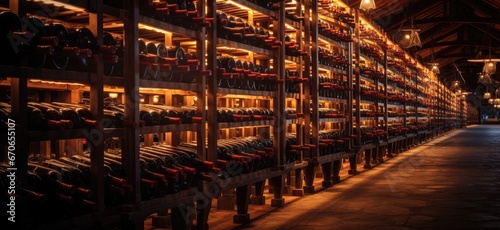 rows of wine bottles at a winery Generative AI