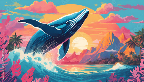 balena su sfondo polinesiano in stile pop art