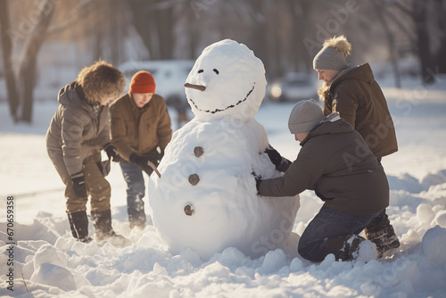 children building snowman in winter from white snow