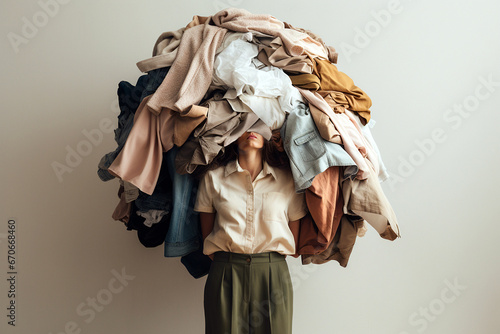 Woman standing in a pile of clothes. Shopping addiction, clothing industry pollution, used clothes, fast fashion, sustainability, second hand, recycling concept, overabundance, reuse of garment