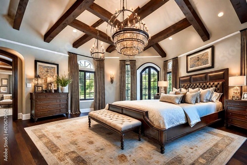 elegantly decorated master bedroom in a mansion, master bedroom with chandelier and vaulted wood ceiling, luxurious mansion bedroom with stunning decor, vaulted ceiling in master bedroom