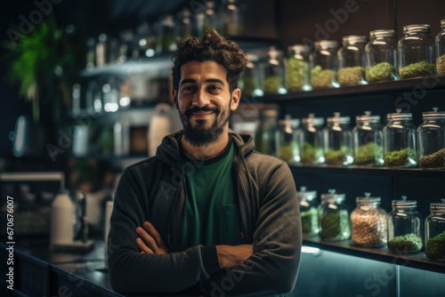 Smiling owner of cannabis dispensary or coffee shop