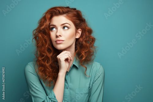 Attractive red-haired curly woman with a pensive uncertain expression on her face on a green background