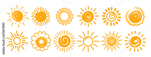 Cute sun doodle collection. Set of icons in hand drawn style. Sun icons isolated on white background. Vector