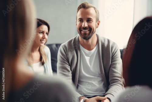Man participating in a supportive community group session in a rehabilitation center