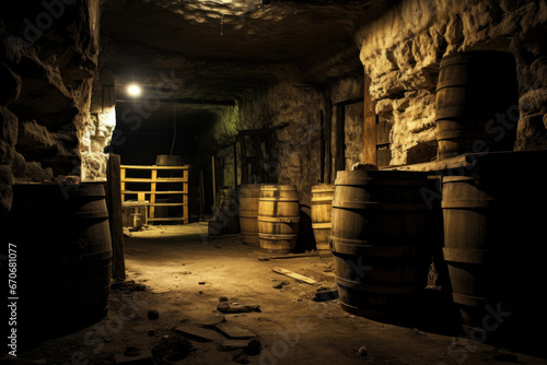 Old musty barrels in a dark and abandoned cellar
