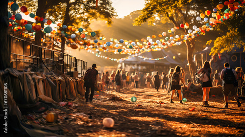 a crowd of people walking along a dirt road with colored light strings hanging above them