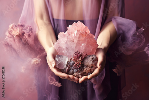 Female hand holding pink and purple crystals, dreamy atmosphere