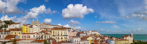 Alfama seascape panorama Lisbon lookout with views over Lisbon historic center and cruise terminal.
