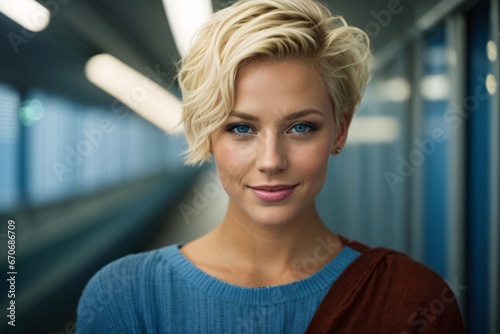 Beautiful blonde woman with short hair and blue eyes , ruddy skin, beautiful, full lips, a minuscule amount of clothing, smiling, feeling of lightness and joy. Generative Ai.